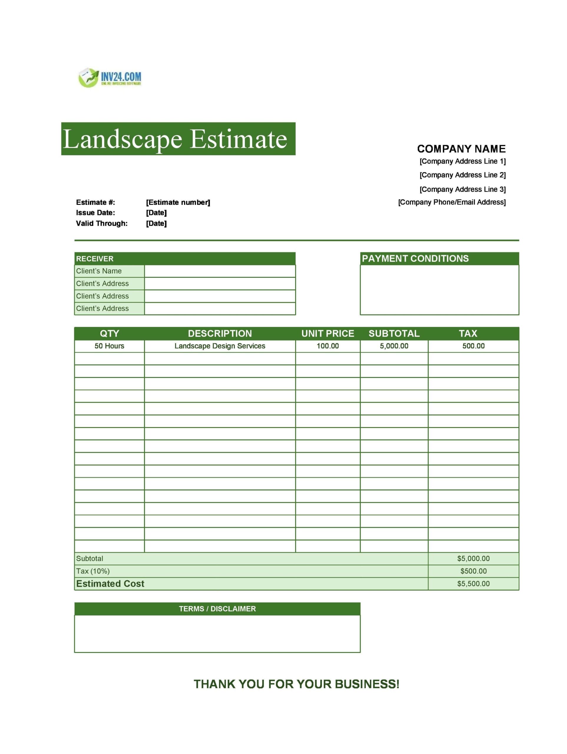 Landscape Estimate Template Excel Google Sheets 