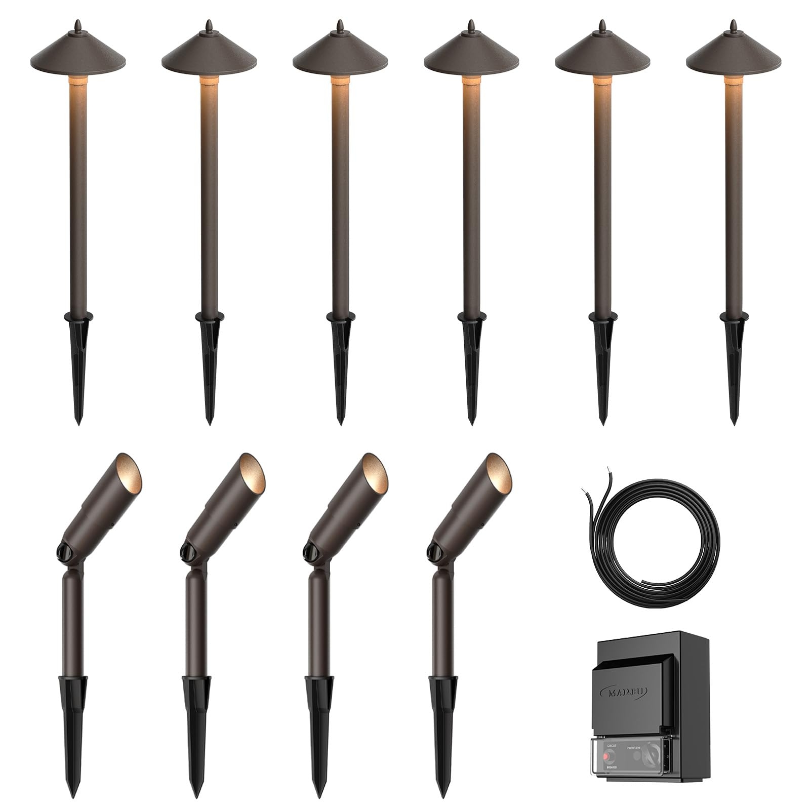 Landscape Lighting Kit With 150W Low Voltage Outdoor Transformer 12V Halogen 6PK 10W Bronze Pathway Lights 4PK Metal 20W Flooding Lights Spotlights Warm White 75Feet 16 Wire For Patio 