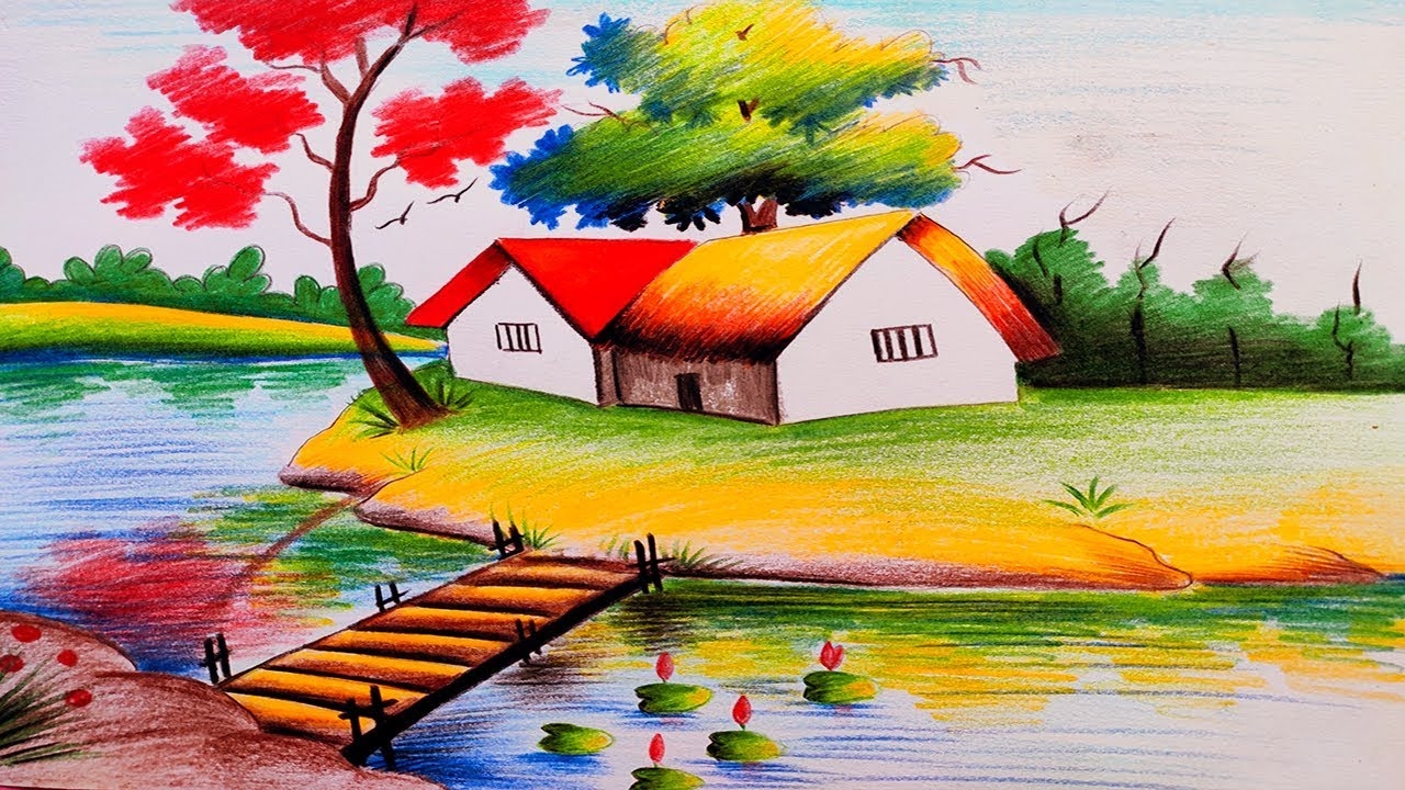 Landscape Scenery Drawing By Color Pencil Color Pencil Drawing For Beginners YouTube