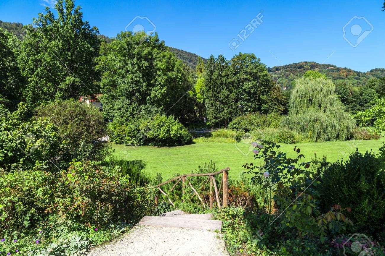 Landscape View Of Natural Park With Path Way Meadow Area And Green Big Trees Among Small Hills And Forest On Bright Blue Sky Background Stock Photo Picture And Royalty Free Image Image