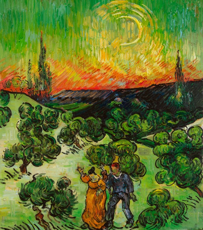 Landscape With Couple Walking And Crescent Moon Van Gogh Reproduction Van Gogh Studio