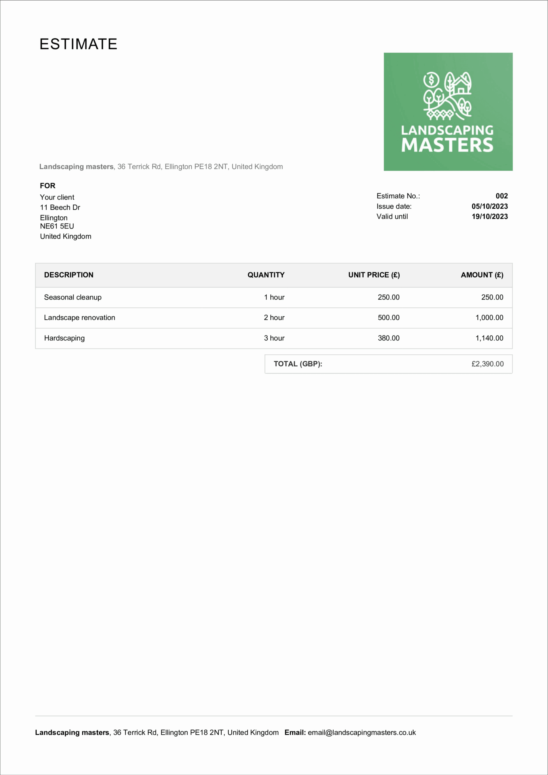 Landscaping Estimate Template Free Editable Billdu