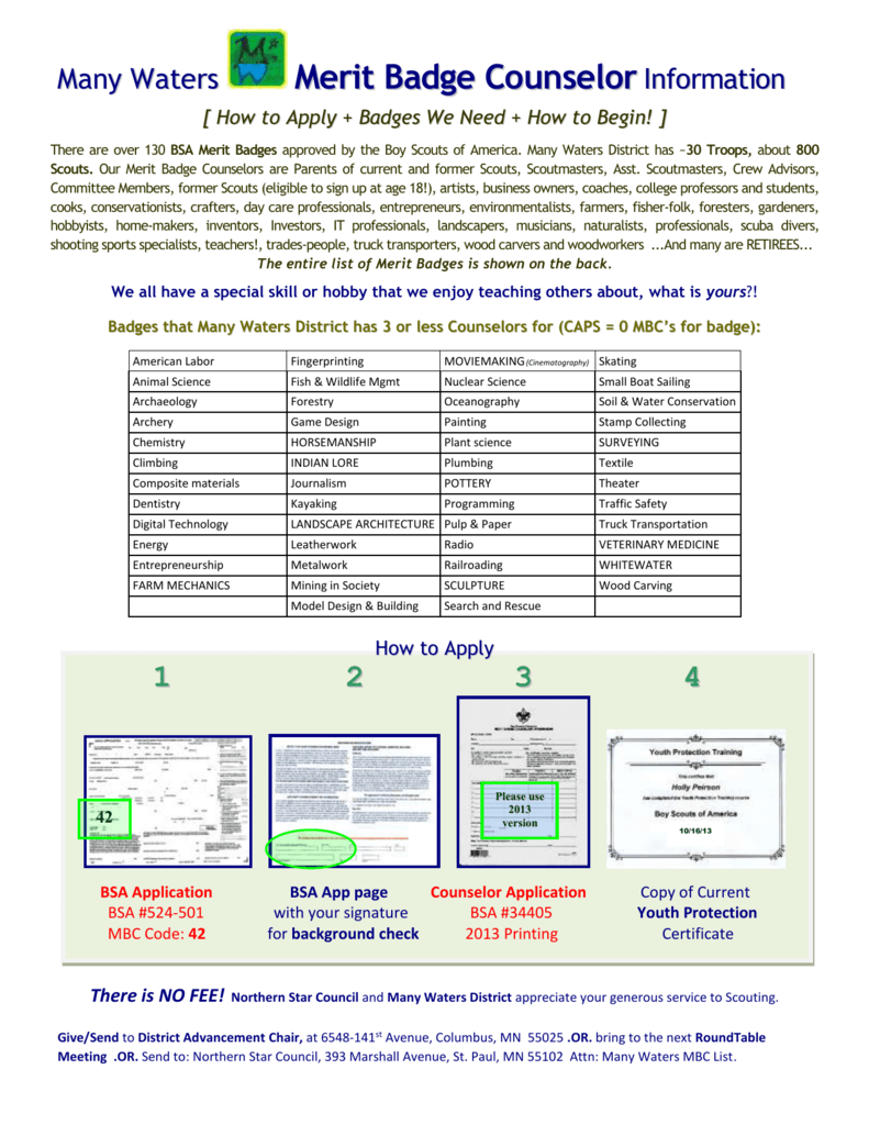 Merit Badge Counselor Info Many Waters District