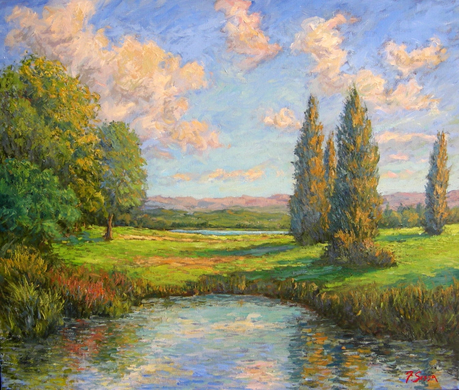 Original Impressionist Oil Painting Cypress Trees Lake Reflection Sunny Landscape Etsy