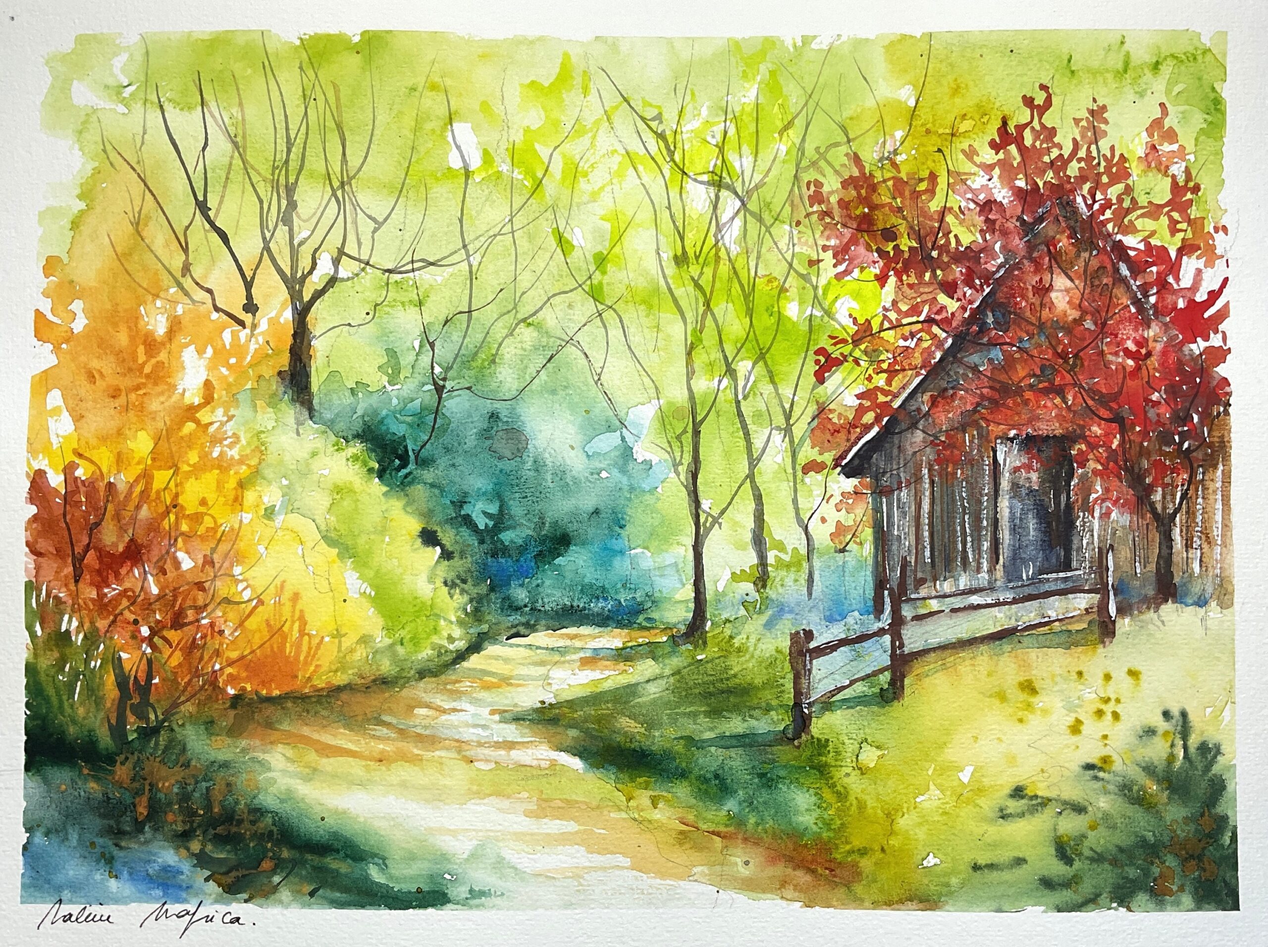 Original Watercolor Painting Of Trees And Cabin In The Woods Forest Landscape Hiking Path Painting Nature In Fall Golden Foliage Art Etsy