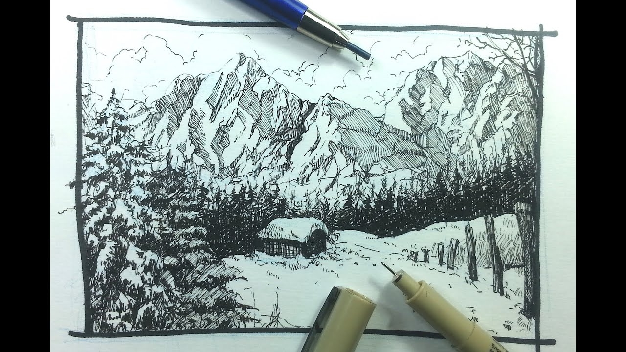 Pen Ink Drawing Tutorials How To Draw A Winter Landscape YouTube