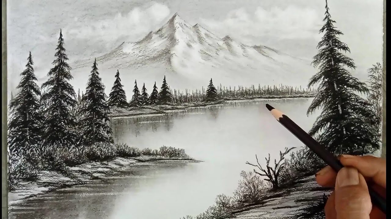 Pencil Drawing Landscape Scenery Snow Mountain Landscape Drawing With Pencil YouTube
