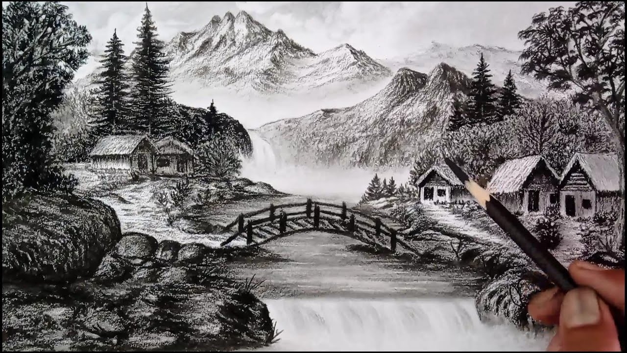 Pencil Drawing Landscape Scenery Step By Step Charcoal Pencil Drawing YouTube