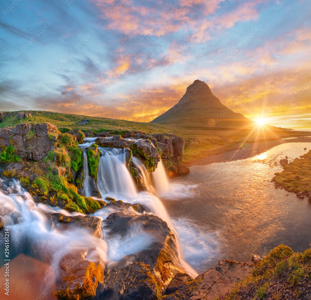 Poster Beautiful Landscape With Sunrise On Kirkjufellsfoss Waterfall And Kirkjufell Mountain Iceland Europe Wall Art UkPosters