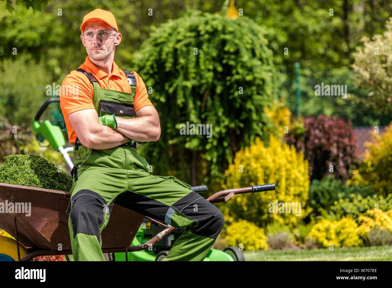 Professional Gardener Job Satisfied Caucasian Garden Worker In His 30s Relaxing During Mid Day Work Break Landscaping Industry Stock Photo Alamy