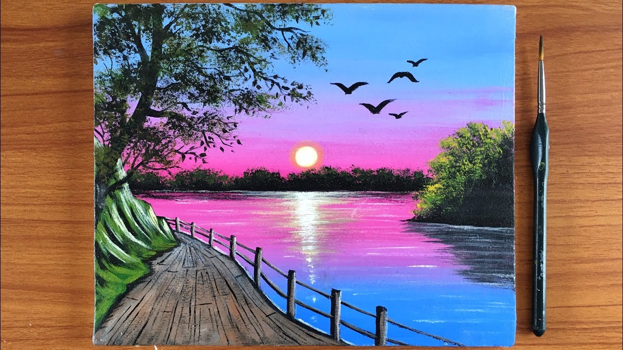 Purple Sunset Landscape Painting For Beginners Acrylic Painting Canvas Painting YouTube