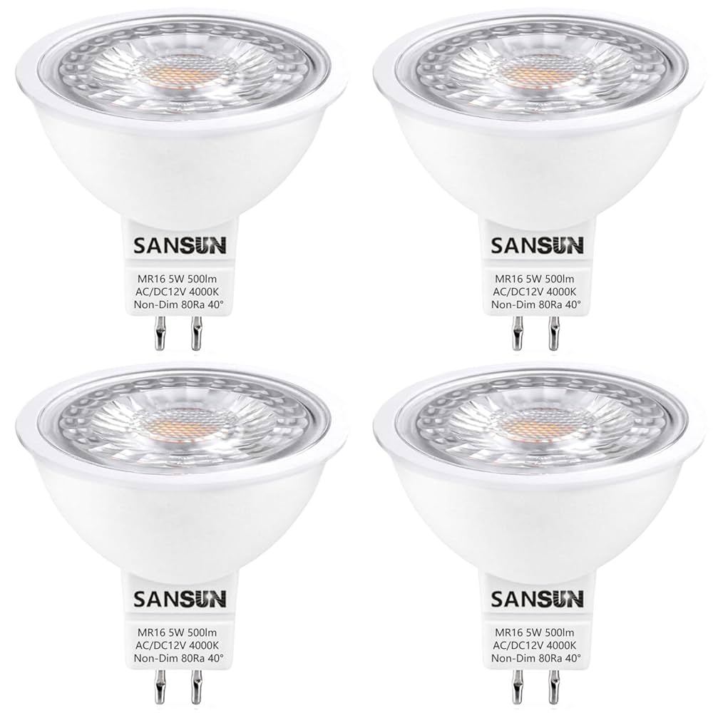 SANSUN 5W MR16 LED Landscape Light Bulbs Low Voltage 12V 50W Halogen Replacement For Outdoor Landscape Spotlight And Track Light GU5 3 Bi Pin Base Daylight White 4000K Non Dimmable Pack Of 4 Amazon