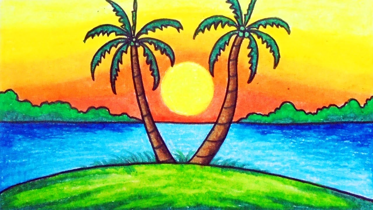 Scenery Drawing Drawing Sunset Scenery Step By Step With Oil Pastels YouTube