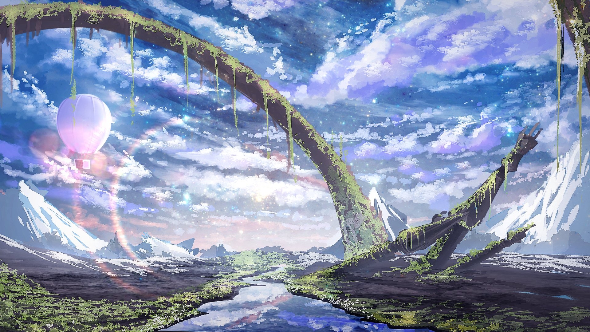 Scenic Anime Landscape HD Wallpaper With River And Hot Air Balloon By Smile