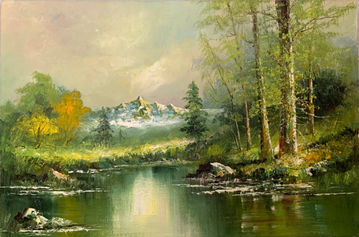 Signed Granger Oil On Canvas Snow Mountains River Woods Landscape Scene Painting EBay