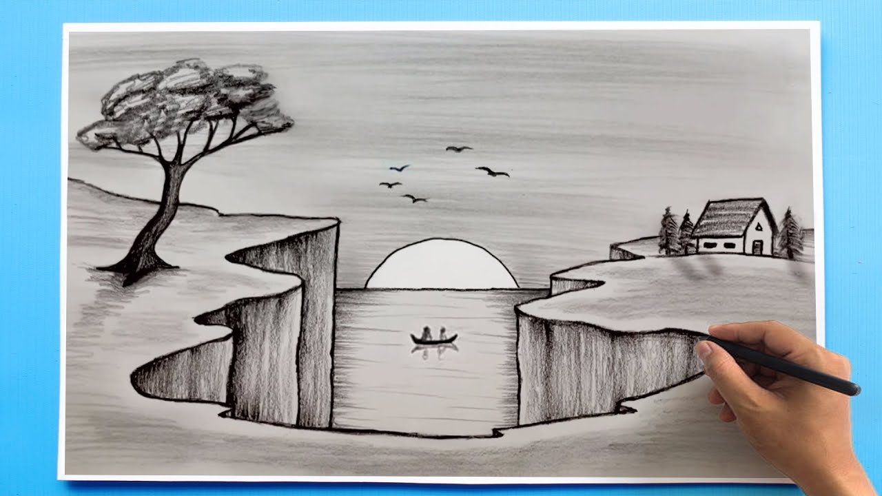 Simple Landscape Drawing Easy Scenery Drawing Tutorial YouTube