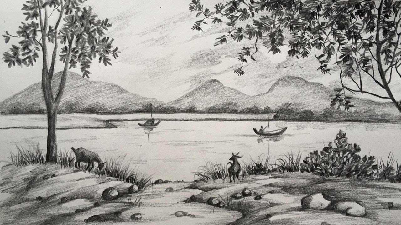 Simple Landscape Drawing In Pencil Scenery Drawing Pencil Sketch YouTube