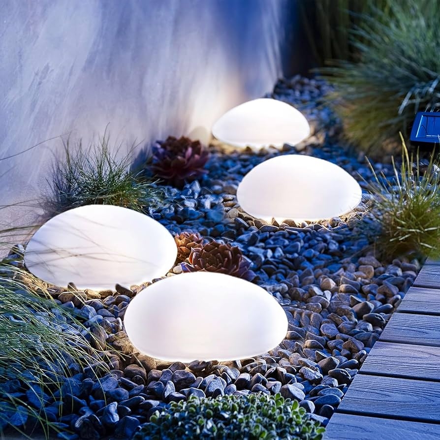 SUNNYPARK Solar Garden Lights Outdoor Set Of 4 Plastic Pebble Shape Decorative Rock Lights Waterproof Cool White Amazon