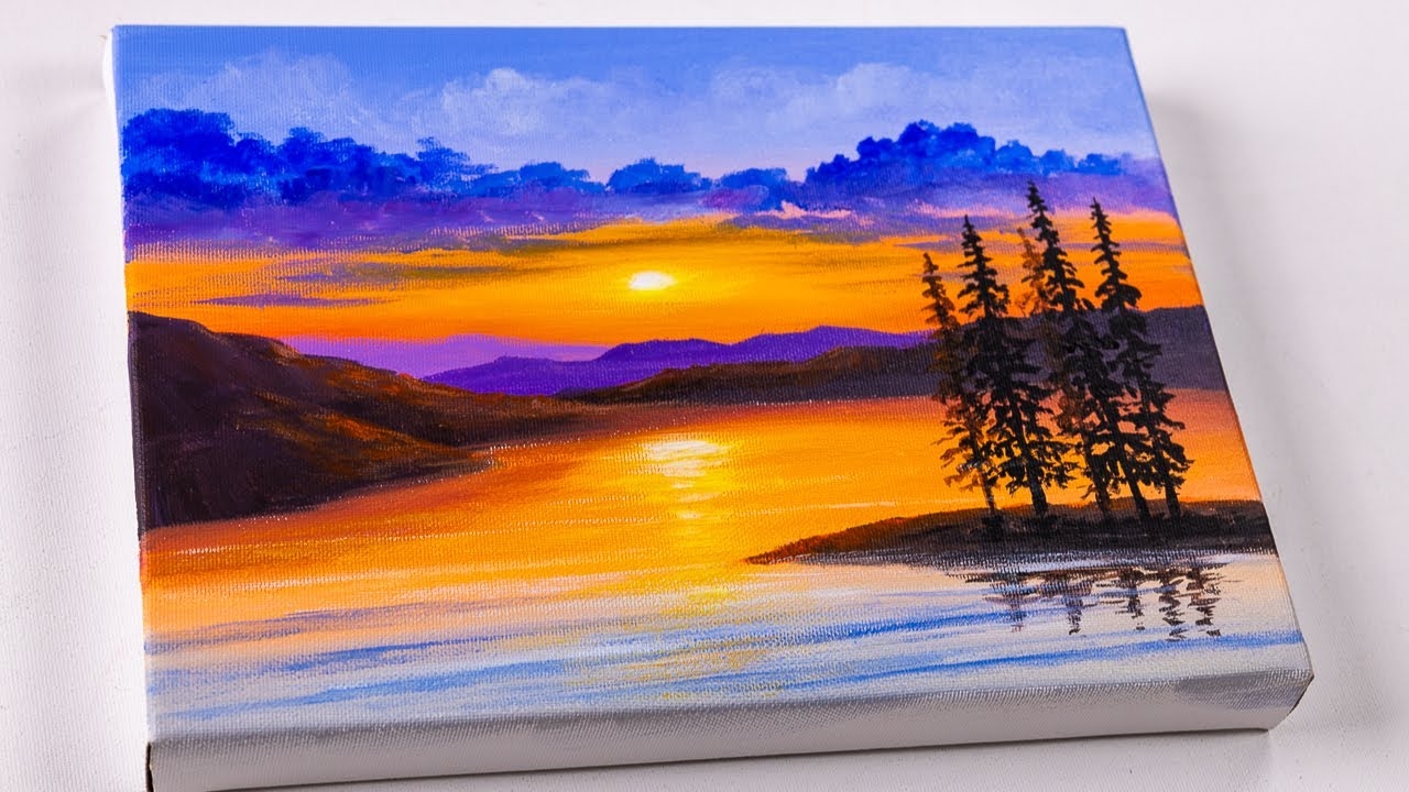 Sunset By The Lake Acrylic Painting Landscape Painting Easy Painting YouTube