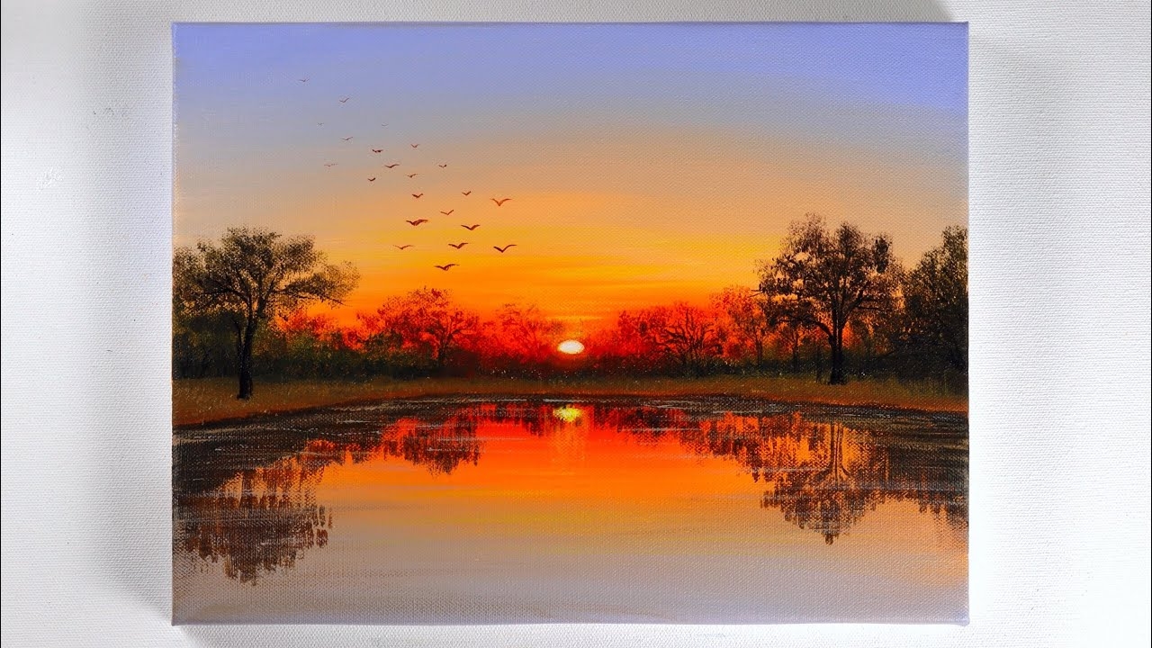 Sunset Painting Sunset Landscape Painting Sunset On The Lake Acrylic Painting YouTube