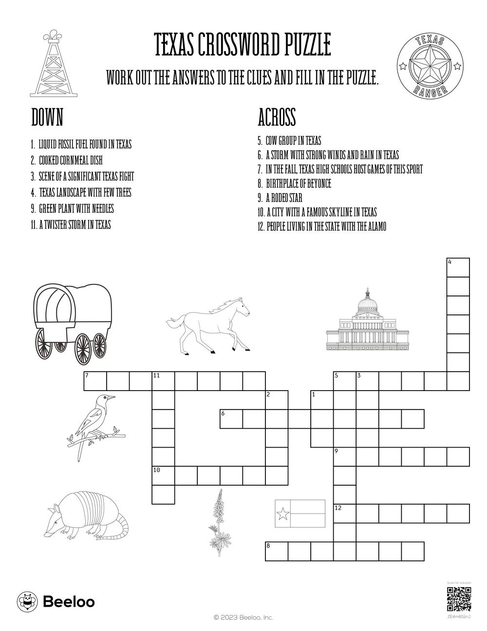 Texas Crossword Puzzle Beeloo Printable Crafts And Activities For Kids