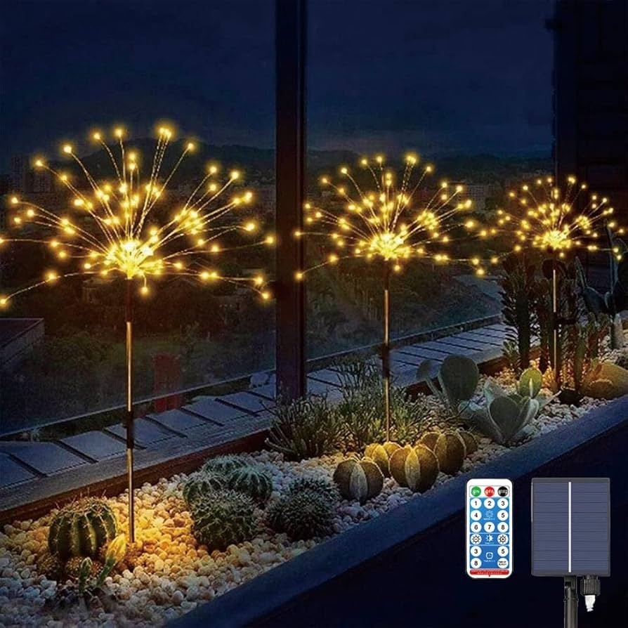 Upgrated 3 Pack Solar Garden Path Lights With Remote 120 LED Solar Firework String Lights Outdoor 8 Modes Landscape Stake Lights For Walkway Backyard Patio Christmas Wedding Party Warm White Amazon
