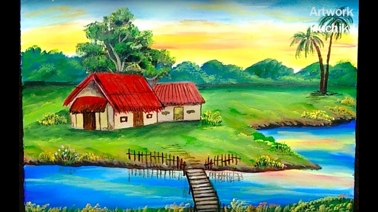 Village Scenery Painting Easy Landscape Painting Acrylic Painting Tutorial YouTube