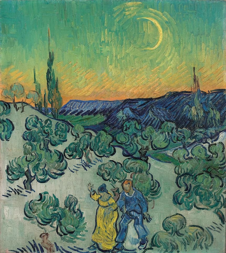 Vincent Van Gogh The Paintings Landscape With Couple Walking And Crescent Moon 