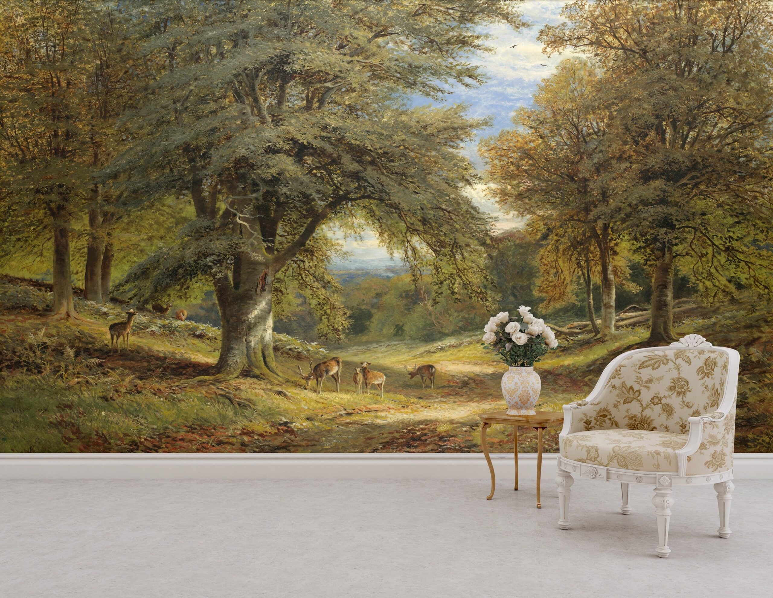 Vintage Landscape Wall Mural Enchanting Forest With Deers Peel And Stick Scenic Wallpaper Woodland Decor Etsy