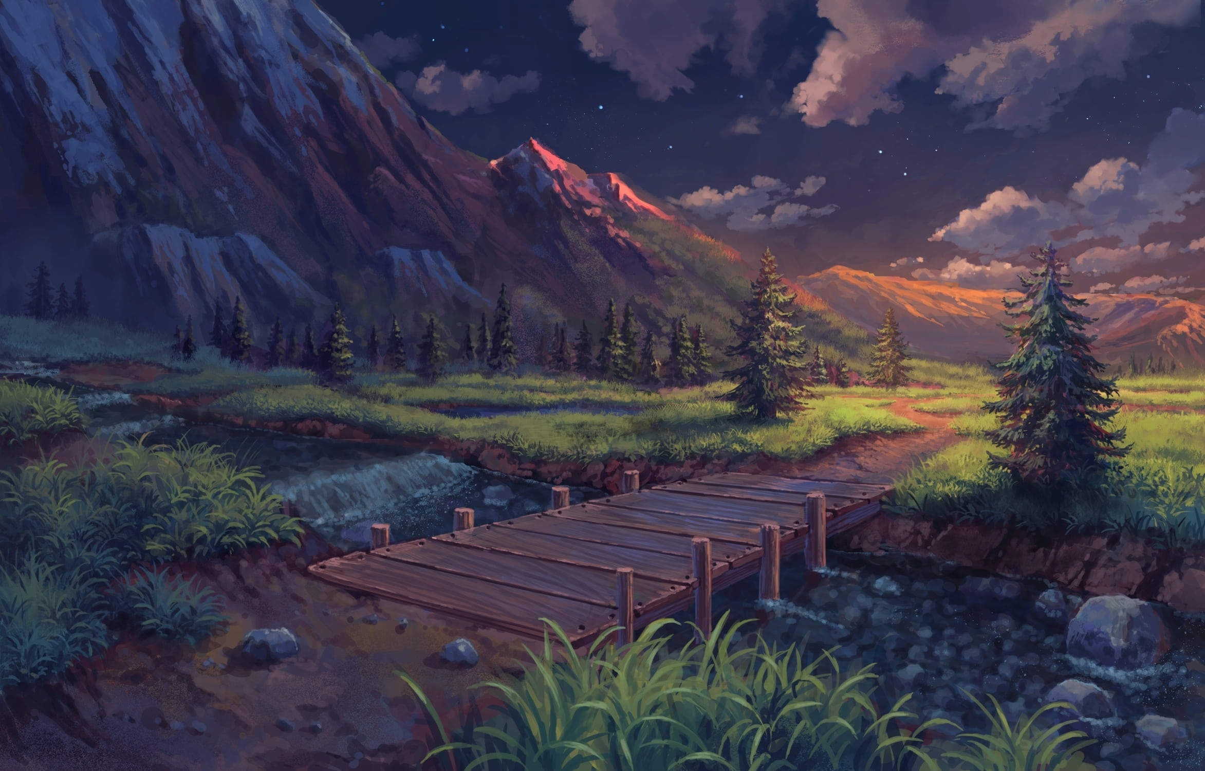 Wallpaper Anime Mountains Scenic Clouds Stars Stream Anime Landscape For Mobile And Desktop Section Resolution 2345x1500 Download