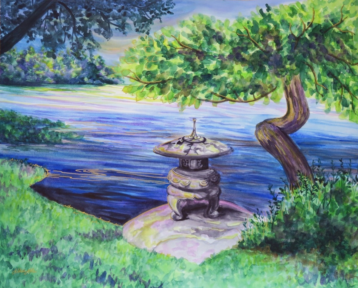 Watercolor Japanese Garden Landscape Shrine Saginaw MI 8x10 Signed Print EBay