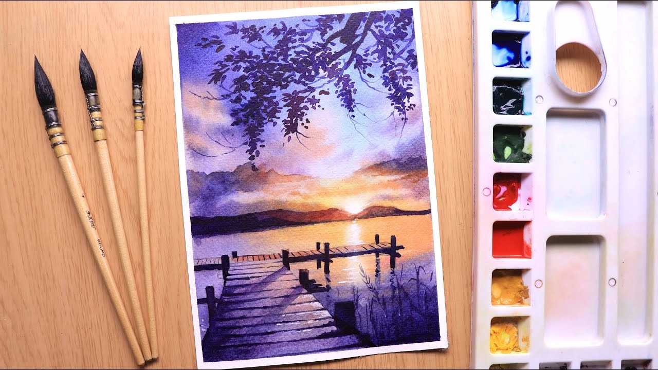 Watercolor Painting Of Sunset Evening Landscape Of River Side Easy YouTube