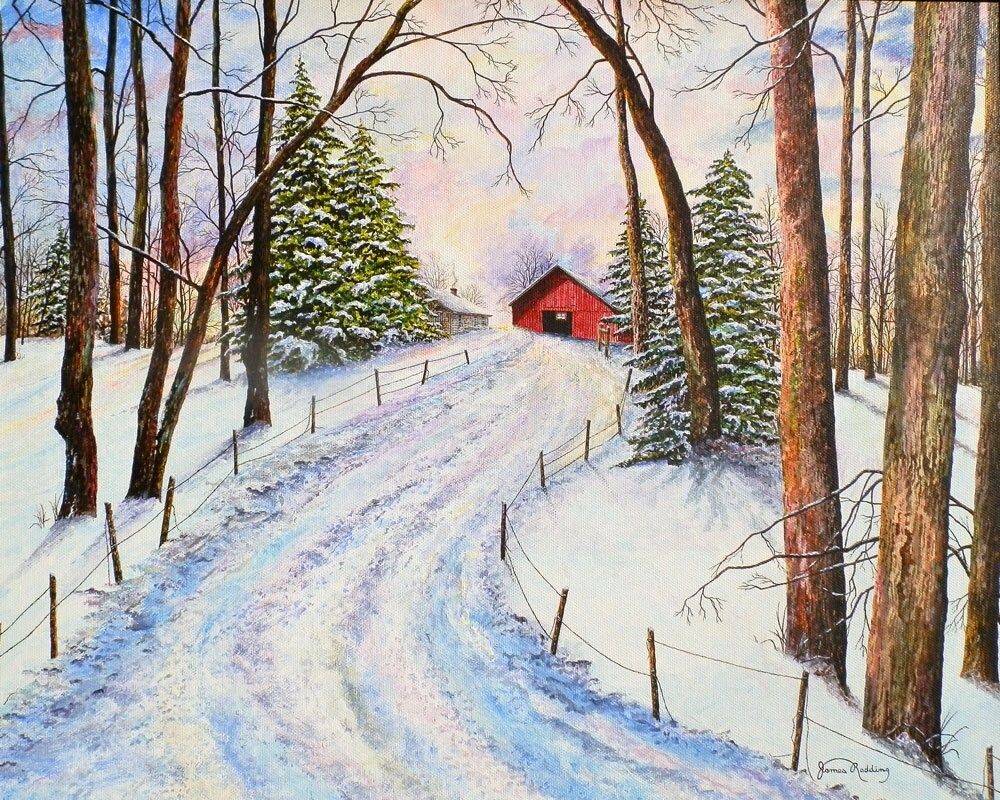 Winter Landscape Snow Painting Red Barn Painting Snow Scene Landscape Painting Nature Art Print Trees Painting Matted Print Etsy
