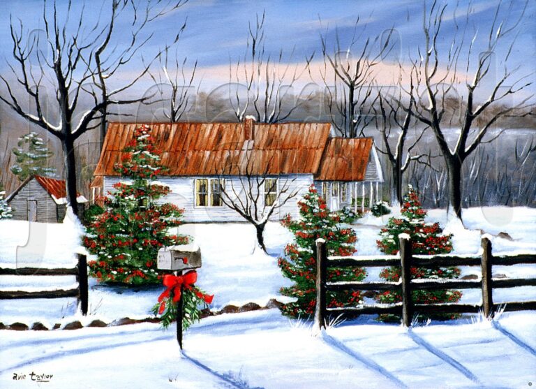 Winter Snow Christmas Landscape Folk Art Print Holly Bushes Home Art Room Decor Etsy