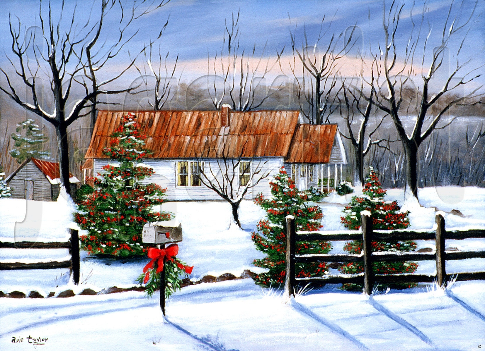 Winter Snow Christmas Landscape Folk Art Print Holly Bushes Home Art Room Decor Etsy